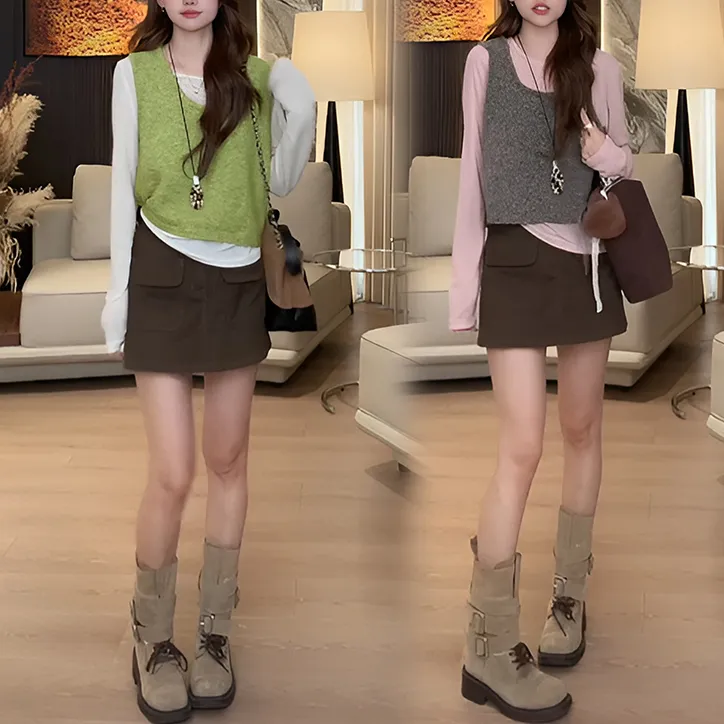 清纯系松弛感三件套女圆领长袖打底衫T恤叠穿马甲+A字半身裙套装