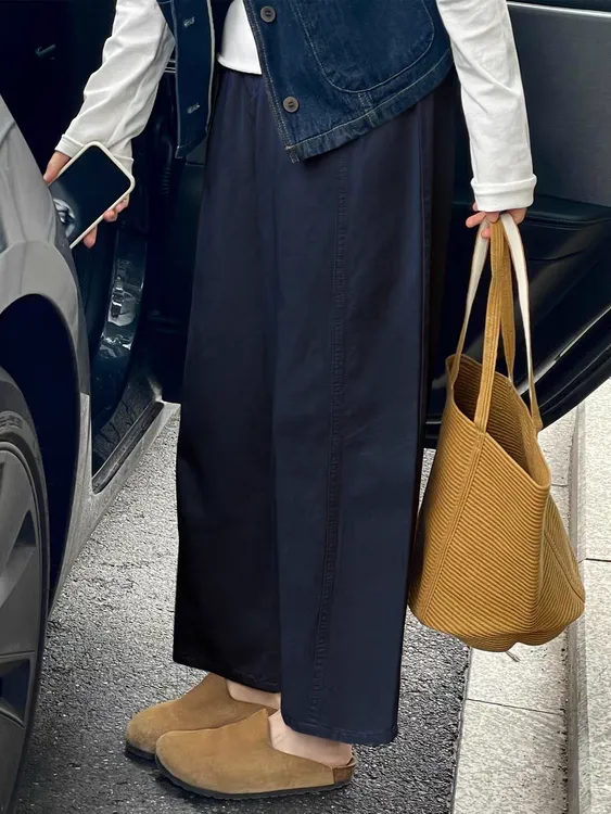 日系拼接工装直筒九分裤女秋季大码胖mm高腰遮胯显瘦阔腿奶奶裤