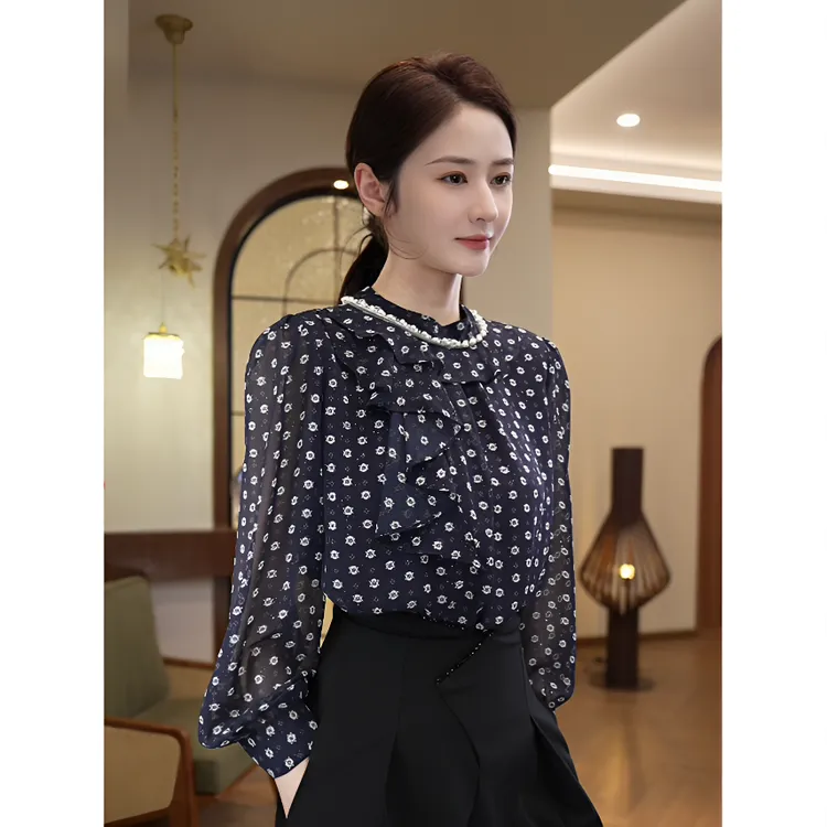 2025年春秋季新款【6888】气质高级感优雅藏蓝色圆领衬衫长袖上衣女