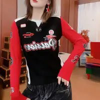 KM80007长袖修身拼接印花T恤打底衫