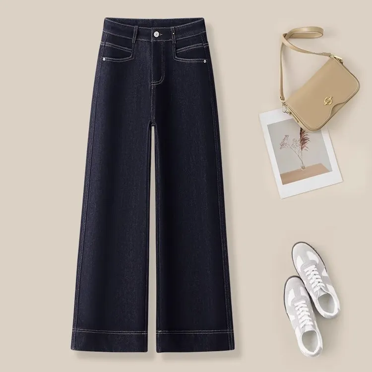 大码阔腿牛仔裤女2025新款复古时尚气质宽松显瘦百搭直筒九分裤子