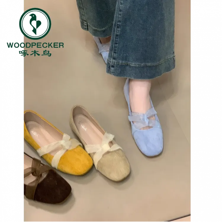 啄木鸟法式晚晚风小众平底浅口单鞋女夏季温柔配裙子方头玛丽珍鞋