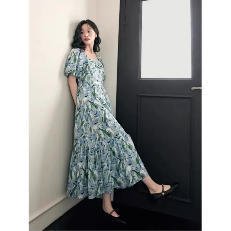 【天丝莱赛尔】油画碎花连衣裙女夏季新品薄荷曼波裙子.D0543