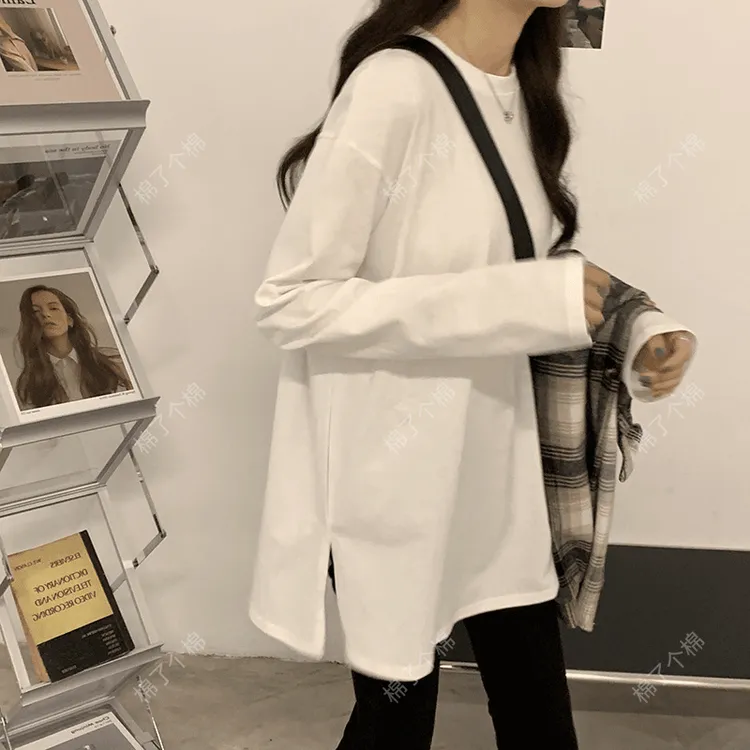 长袖T恤春秋内搭女圆领开叉中长款韩版百搭宽松白色打底衫