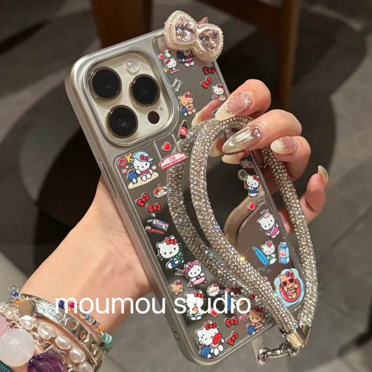 镜面卡通kt猫蝴蝶结适用苹果16手机壳iphone15可爱14promax少女13