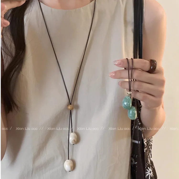 铜布艺项链 新中式圆珠编织绳项链女秋设计毛衣链小众可抽拉配饰 