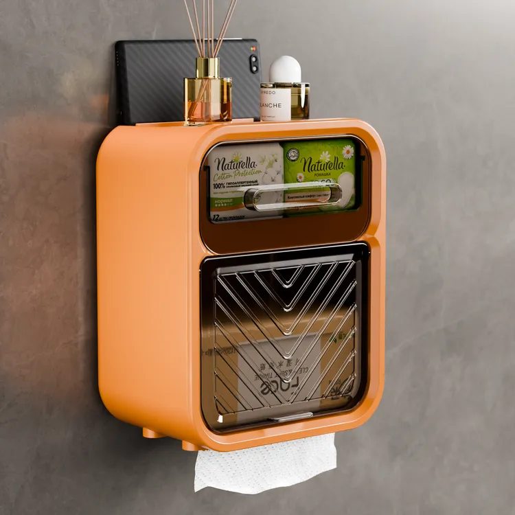 卫生间纸巾盒轻奢浴室免打孔双层置物架壁挂式卷纸抽纸盒壁挂纸巾