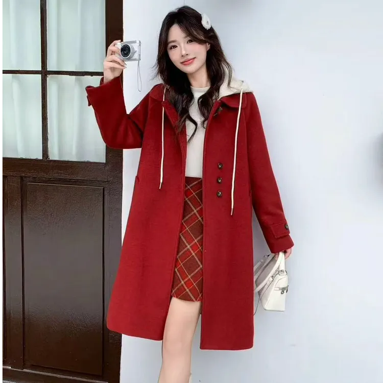 可拆卸连帽白鸭绒羽绒大衣内部加绒2025冬新款韩版宽松羊毛呢外套