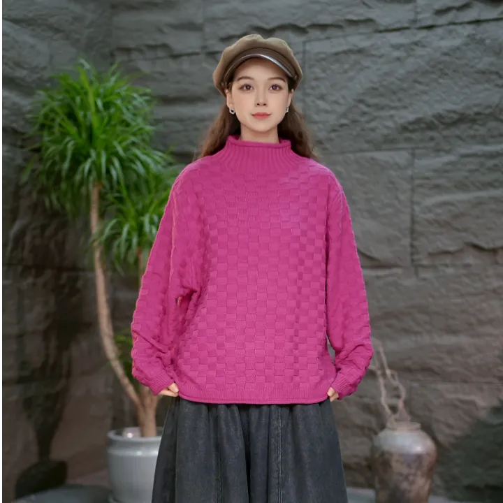 【针织不起球毛衣棋盘格】冬季百搭女装毛线衣半高领加厚针织衫