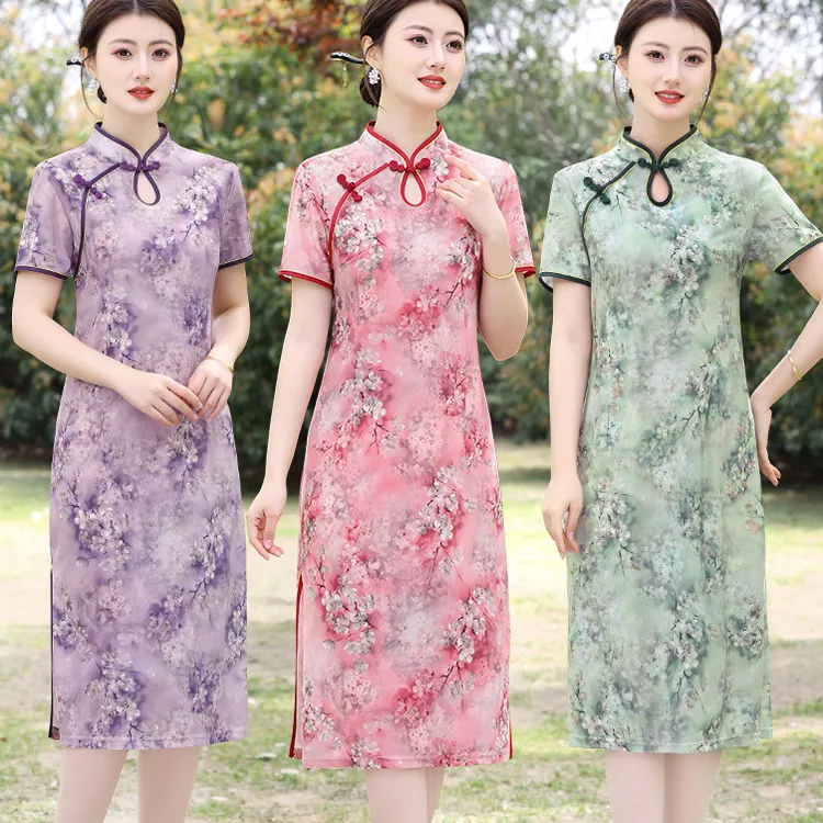 时尚中长款妈妈装中式旗袍中老年短袖连衣裙复古高腰裙修身显瘦夏
