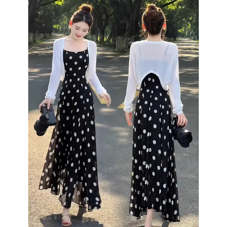 拉夏贝尔时尚后妈裙女夏季新款防晒针织开衫波点吊带裙两件套裙