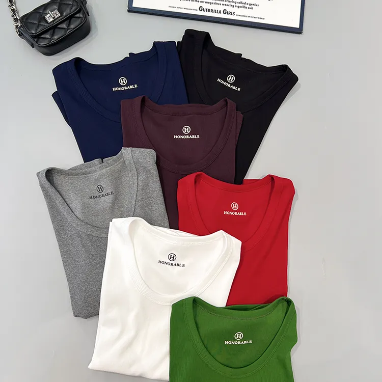 必魅通勤老钱风纯色短袖小U型领T恤设计感正肩气质柔软上衣52460