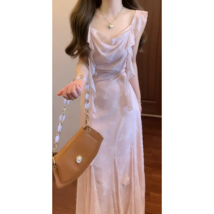 法式温柔绝美碎花粉色荡领吊带连衣裙荷叶边鱼尾大摆长裙9425