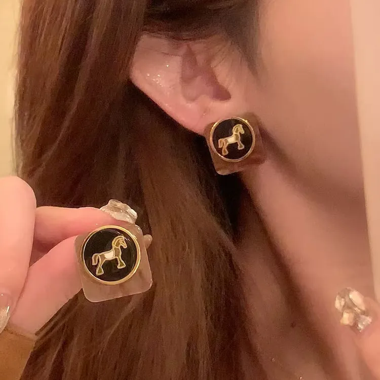 铜合金亚克力耳饰 复古美拉德马到成功耳环女气质高级感耳针耳饰