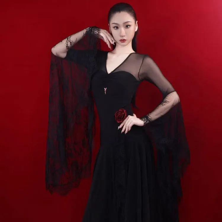 Tina舞服法式宫廷蕾丝大飘袖连衣裙表演练习摩登舞服L01