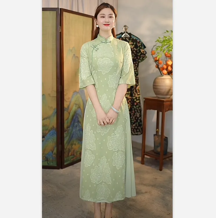 瓷萱【问柳】新款春夏奥黛旗袍提花倒大袖七分袖复古中长裙日常