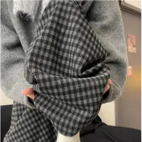 日系黑灰裤子女秋冬季撞色阔腿慵懒风格子裤垂坠感加绒休闲直筒裤