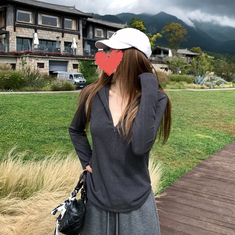 连帽长袖针织T恤女2025年秋季新款半拉链修身显瘦打底小衫上衣N