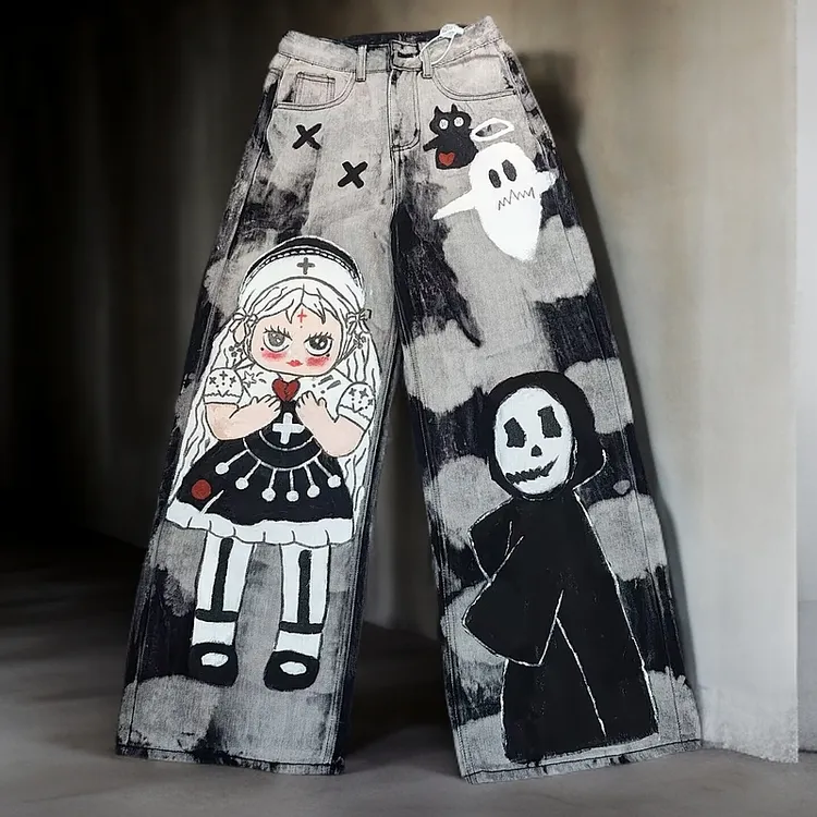 【骷髅头哇哇】新款学院风涂鸦喷漆宽松背带长裤连体牛仔裤