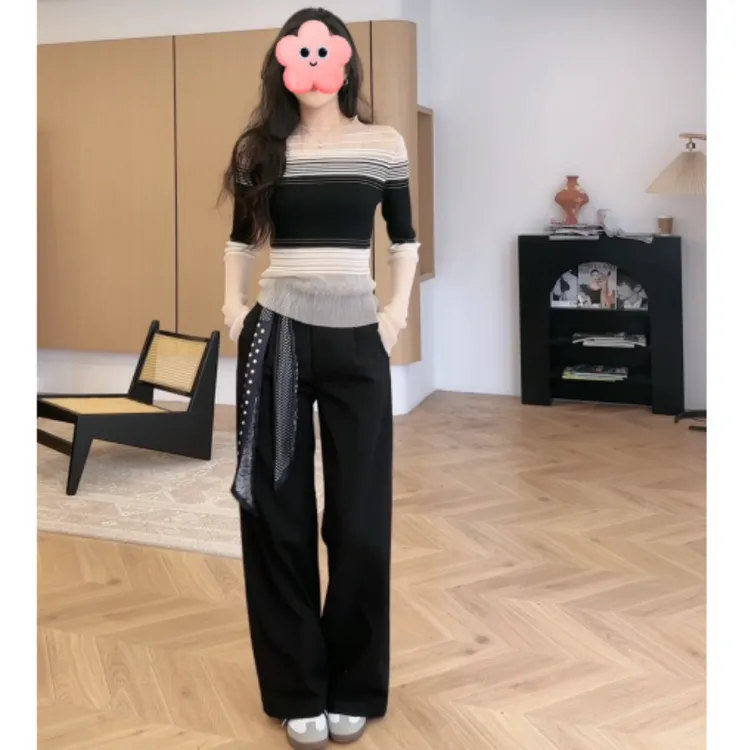 【柔雾简意】撞色条纹微透修身上衣+百搭高腰飘带休闲裤LK2505588