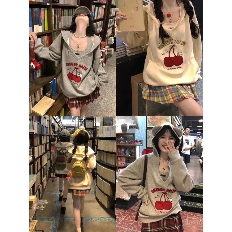 KAIDIQI/凯迪琦大樱桃刺绣猫耳连帽宽松长袖卫衣两件套
