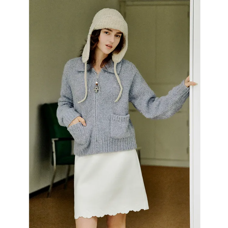 ForPoem 25/FW 原创设计花朵拉链圈圈羊毛灰色毛衣开衫外套女秋冬