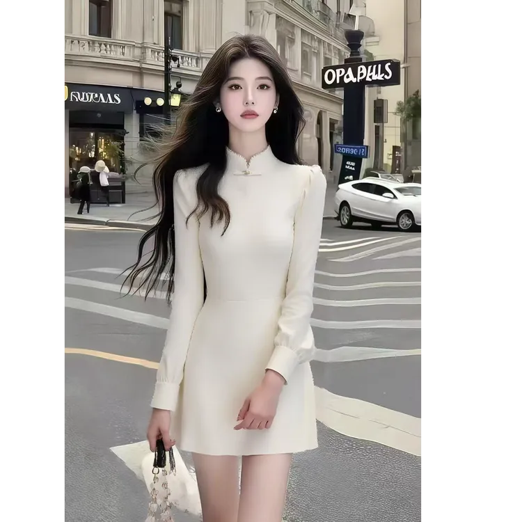 法式小众设计感立领秋季气质短裙收腰修身裙子长袖连衣裙显瘦中腰