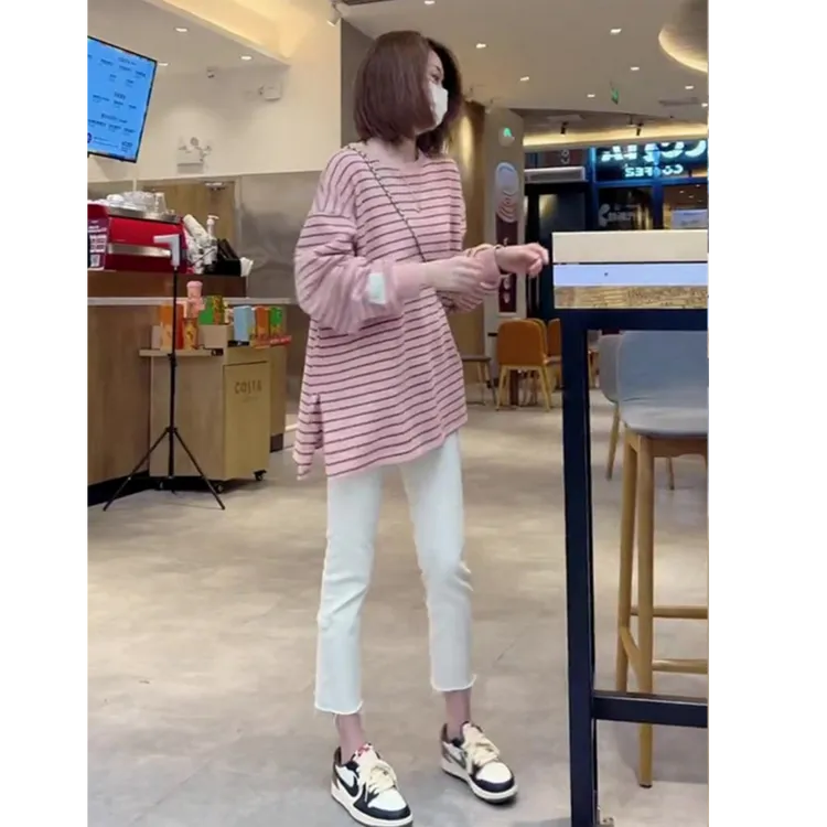 撞色条纹中长款长袖T恤春秋冬新款宽松减龄开叉内搭上衣女打底衫