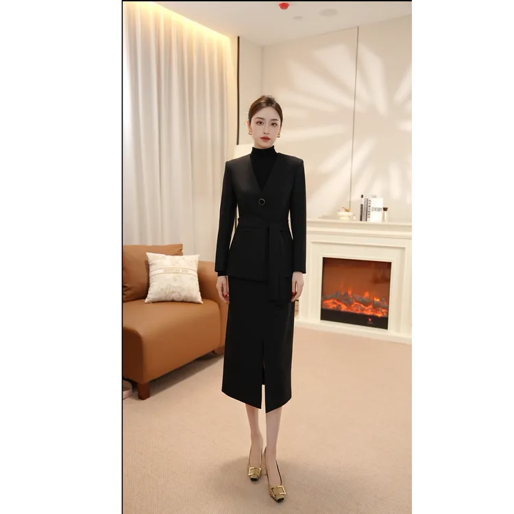 钟老板2025春季新款气质通勤修身显瘦黑色一粒扣西装半身裙套装女