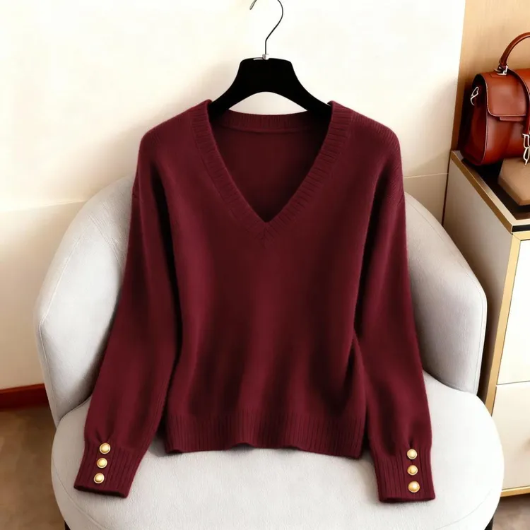 2025新款慵懒感v领长袖针织衫女秋冬内搭小香风时尚软糯毛衣打底