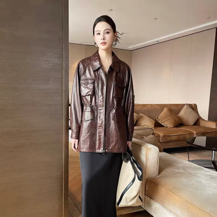 2025工装风中长款时尚皮衣植鞣绵羊皮气质休闲百搭女士真皮韩版