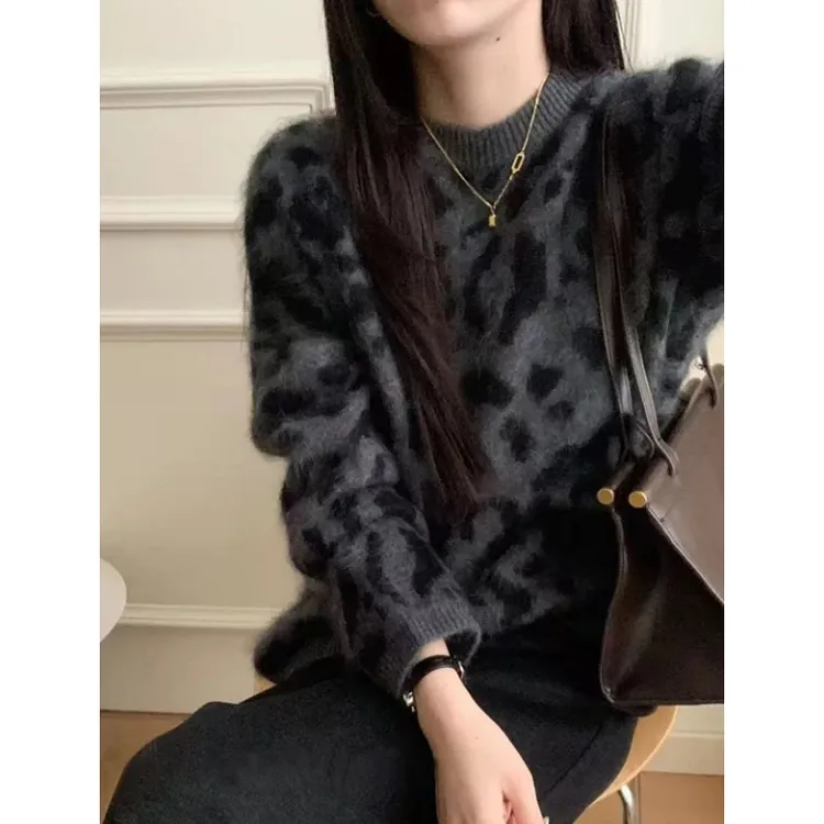 3505【豹纹提花宽松毛衣】秋冬港味Chic慵懒风女士百搭针织衫