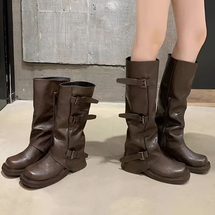 【葡萄妈同款】增高6cm~时髦皮带扣方圆头褶皱中筒骑士靴女秋季新款