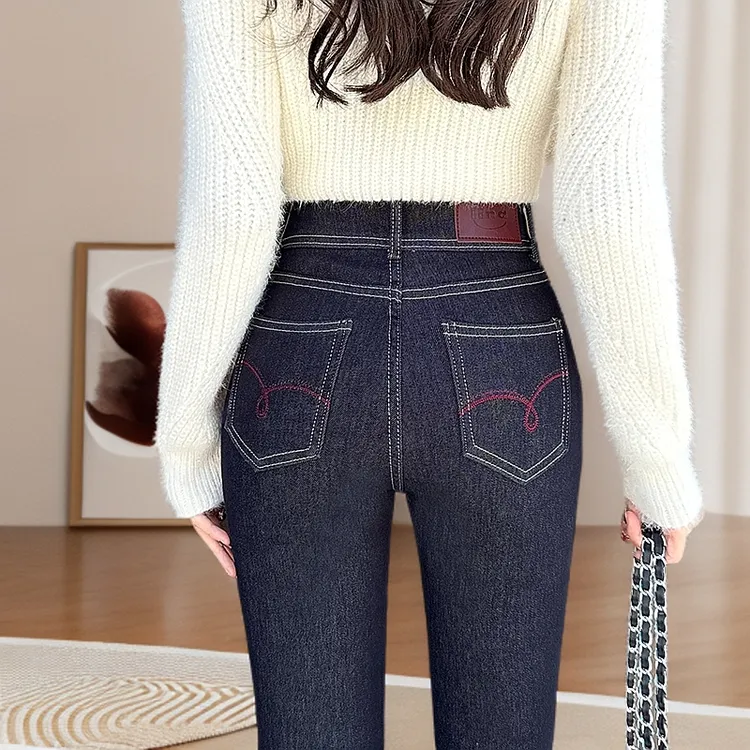 2025丹宁蓝高腰小脚加绒铅笔紧身牛仔裤女秋冬新款显高显瘦提臀