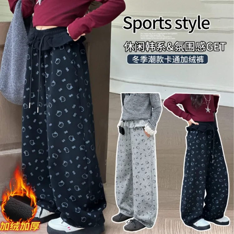 女童冬季加绒加厚休闲裤洋气印花女宝宝卡通加绒保暖长裤