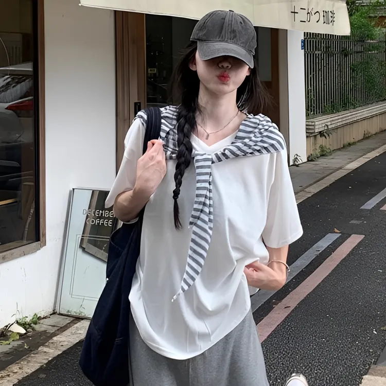 学院风慵懒夏季2025新款条纹披肩宽松大码显瘦短袖T恤上衣两件套