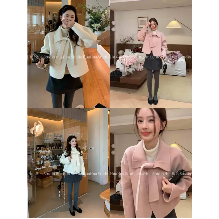 【花花】冬日精灵~双面羊毛大衣女短款小个子飘带韩版毛呢外套大衣