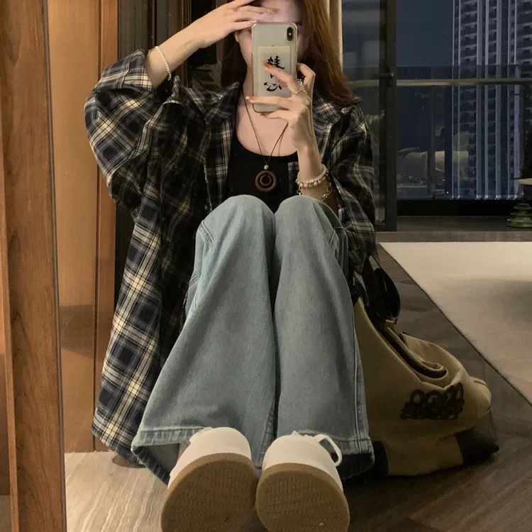 防晒外套式格子衬衫2025新款今年流行爆款衬衣女款早秋藏青色衬衣