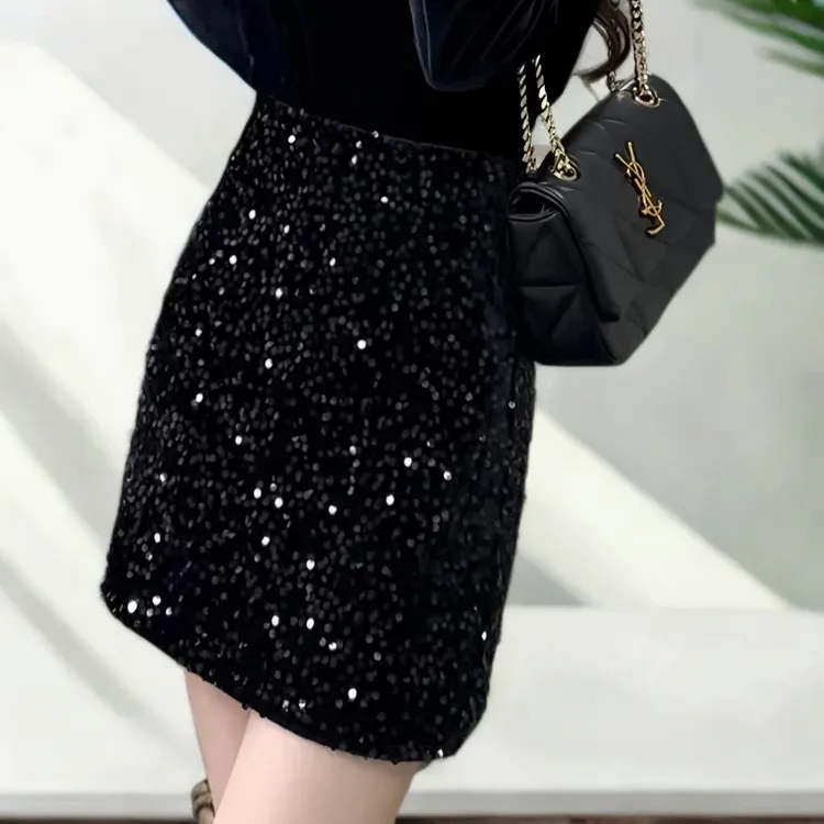 韩系高级感2025秋冬新款爆款高腰显瘦a字半身短裙亮片裙半身裙