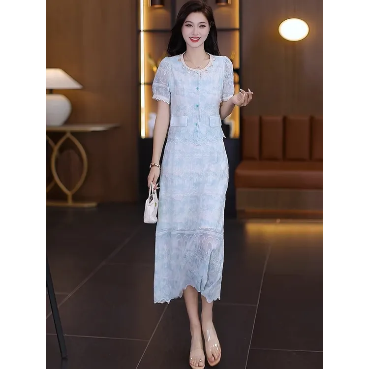 法式名媛气质蕾丝刺绣半身裙套装女夏新款温柔小香风套装裙两件套