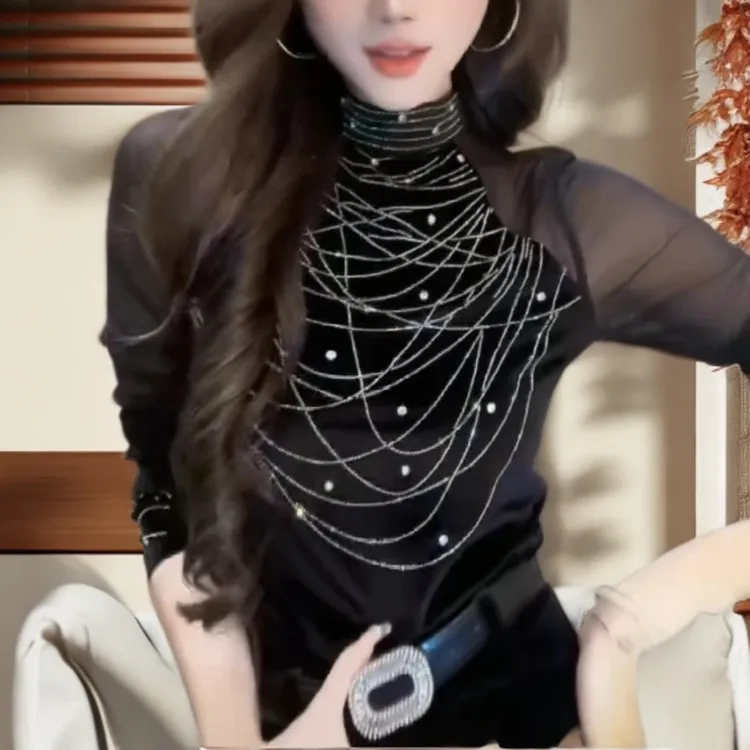 洋气重工半高领长袖打底衫T恤女2025显瘦时尚新款气质修身显瘦潮