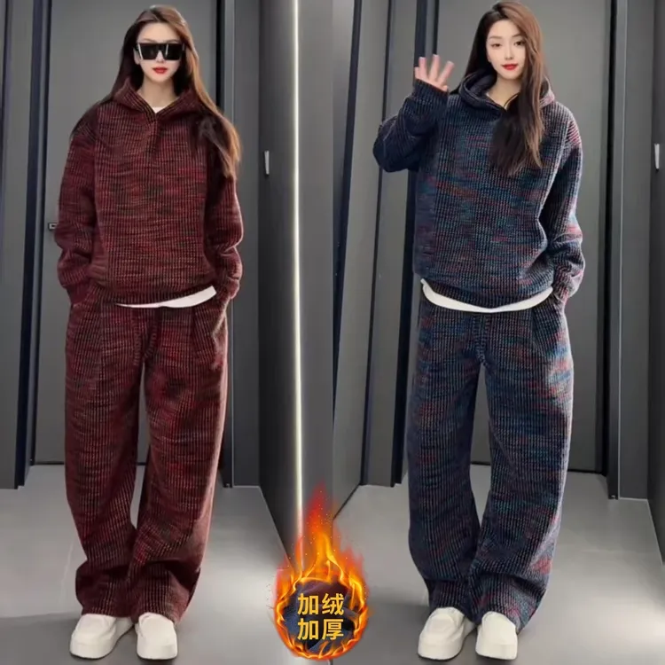 加贝男库 重磅冬季休闲连帽卫衣休闲裤两件套时尚情侣款加绒套装