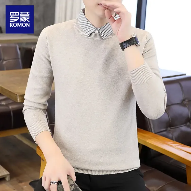 罗蒙高档假两件条纹衬衫领毛衣男士秋冬时尚打底针织衫品质男上装