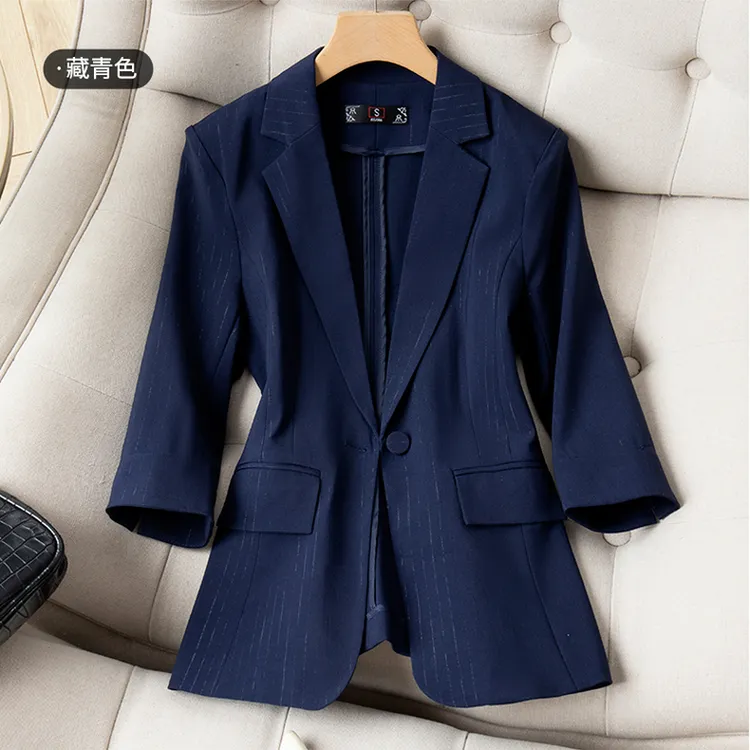 藏青色西装外套女夏薄款职业装气质女神范酒店工作服中袖西服套装