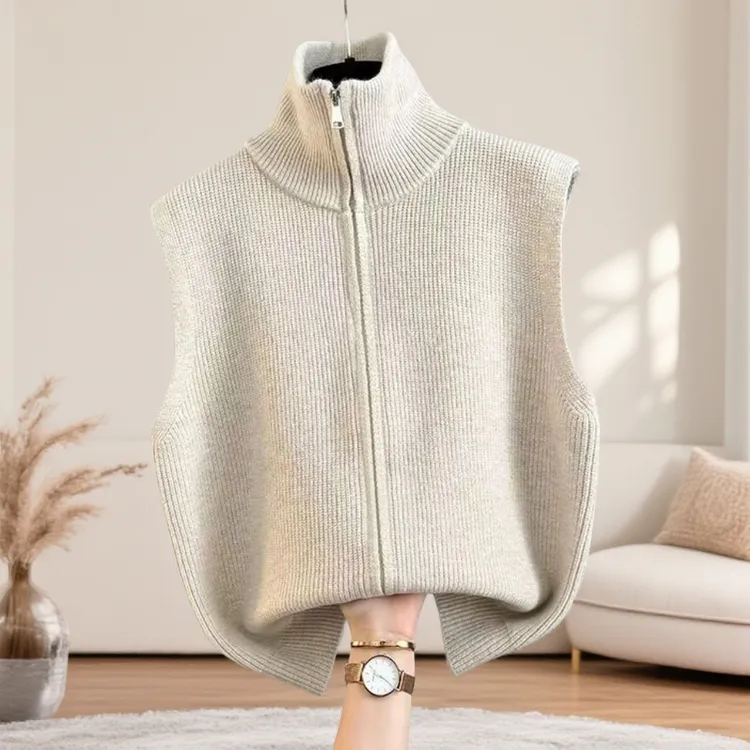 秋冬新款高领拉链针织开衫上衣时尚两穿马甲修身免烫坎肩宽松叠穿