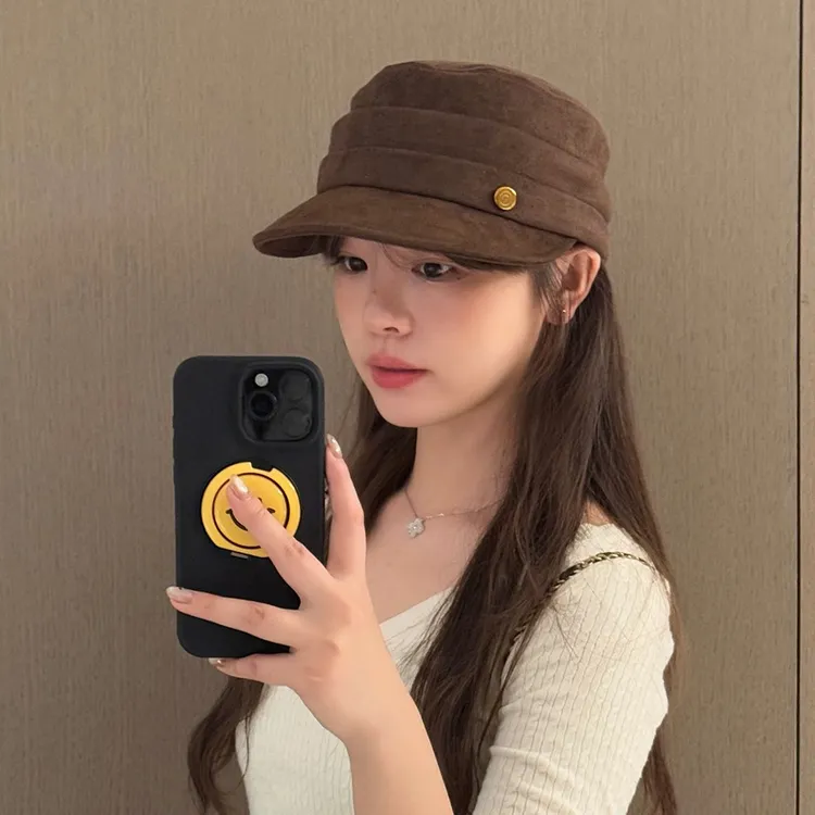 2025秋冬新款复古麂皮绒平顶马术帽百搭显脸小画家帽报童帽小众