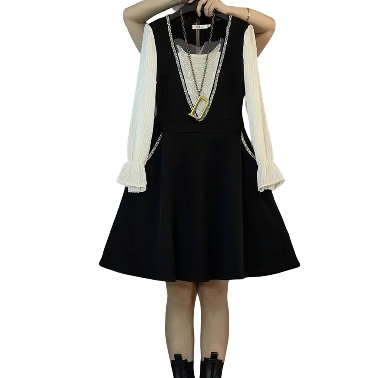 大维罗依 XYJ欧货小香风钉珠气质拼接显瘦连衣裙