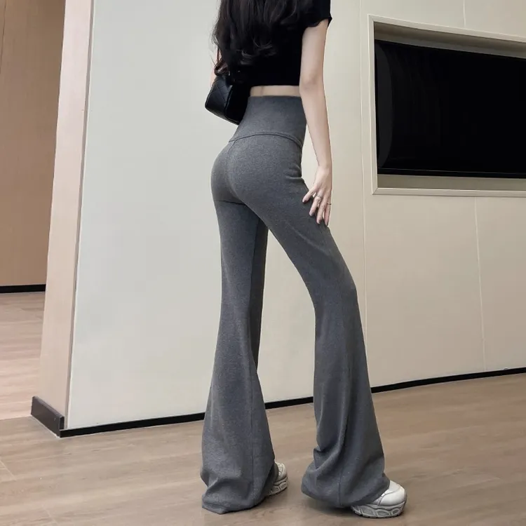拉夏贝尔灰色针织微喇瑜伽裤女秋季百搭高腰休闲运动外穿裤子卫裤