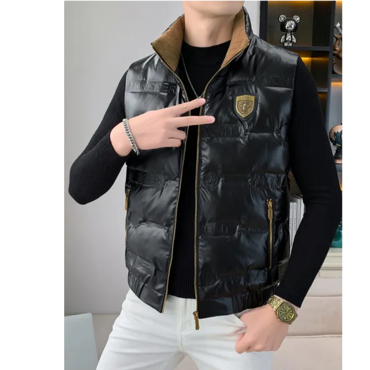 曼库帕娅立领羽绒服马甲男士亮面免洗字母潮流保暖青年背心外套