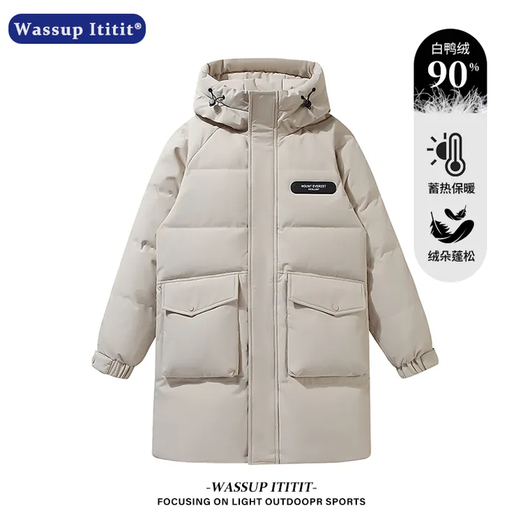 WASSUP ITITIT长款防风羽绒服男士休闲时尚连帽外套户外纯色上衣